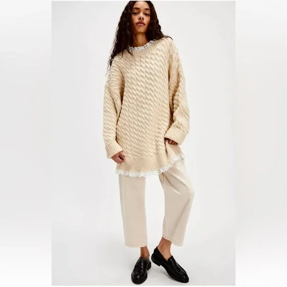 Free People For Love & Lemons Milana Sweater Dress Cable Knit Lace Cream Ivory - Picture 2 of 7